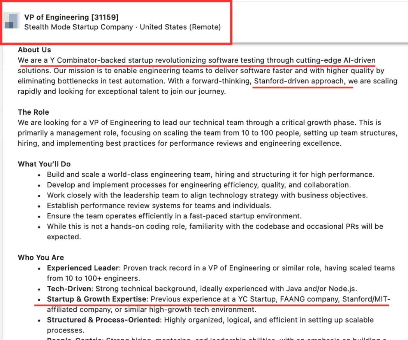 Hiring Manager for Stealth Mode Company