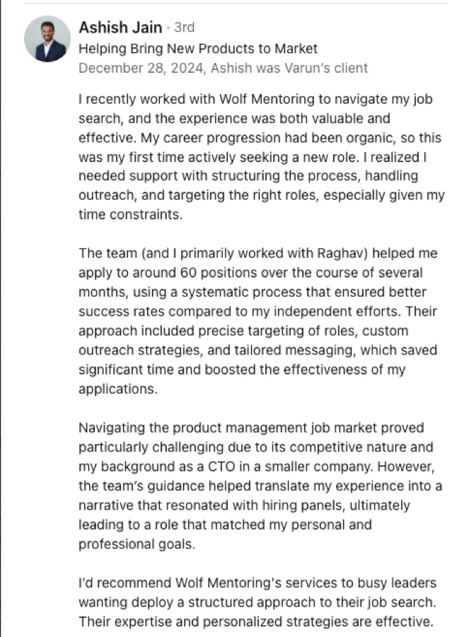 LinkedIn recommendation for Wolf Mentoring