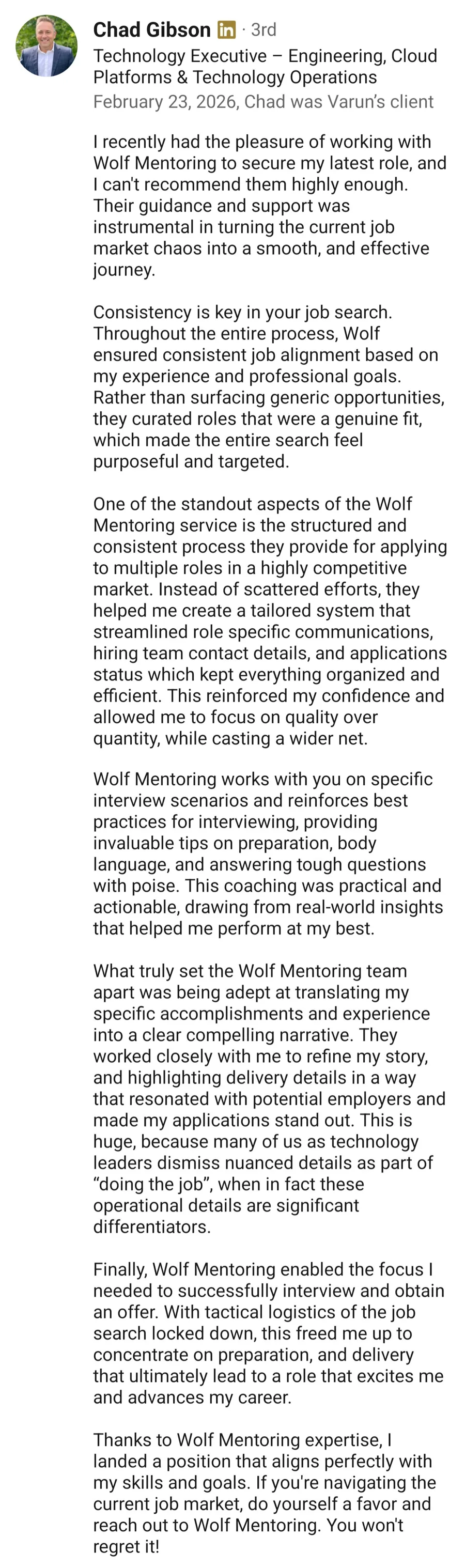 LinkedIn recommendation for Wolf Mentoring