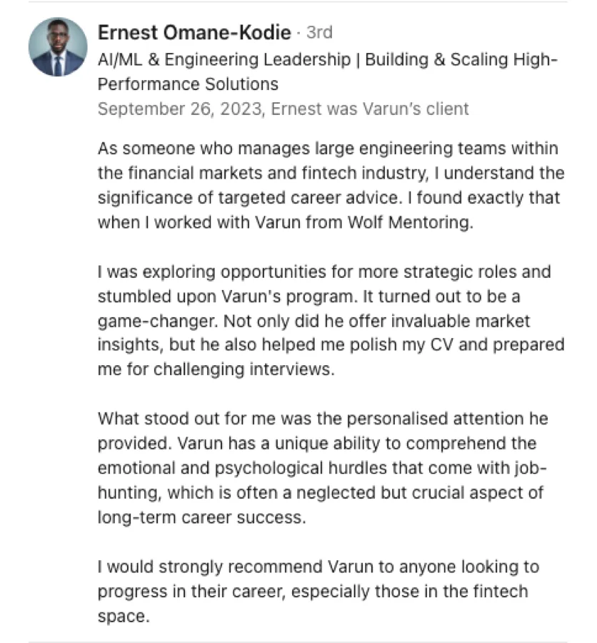 LinkedIn recommendation for Wolf Mentoring