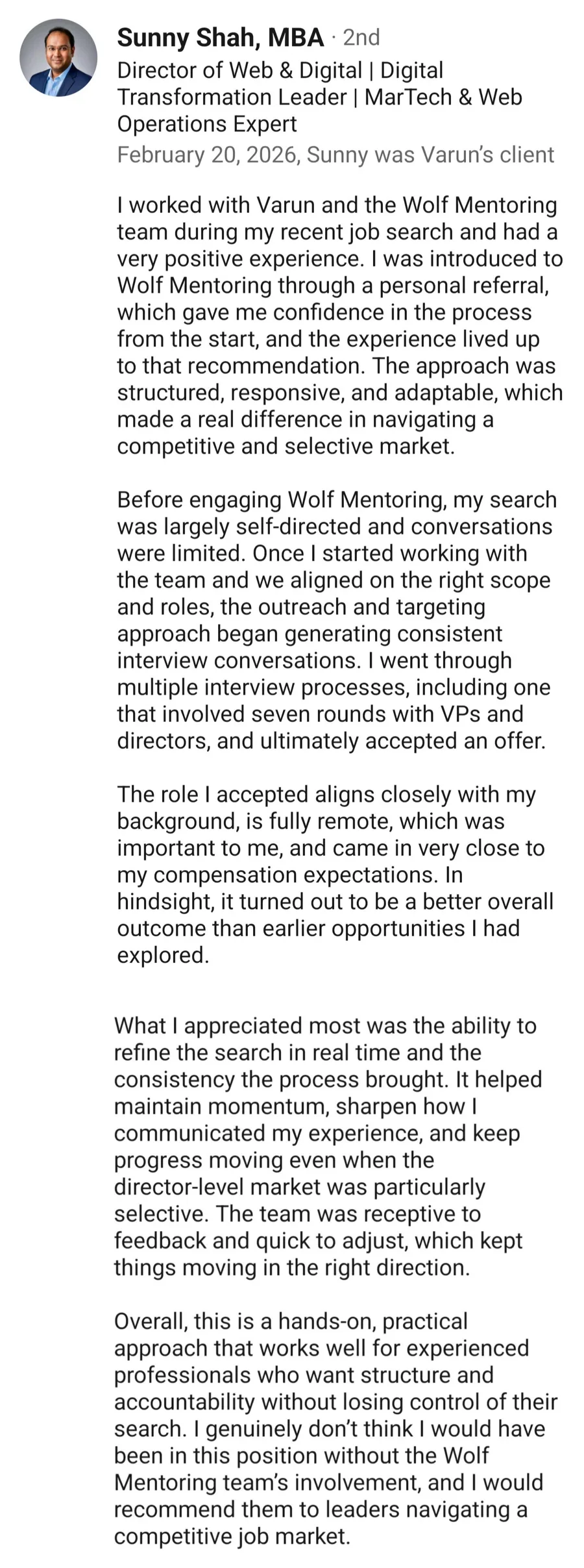 LinkedIn recommendation for Wolf Mentoring